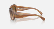 Brown sunglasses with tan gradient lenses and clear temple arms, side profile