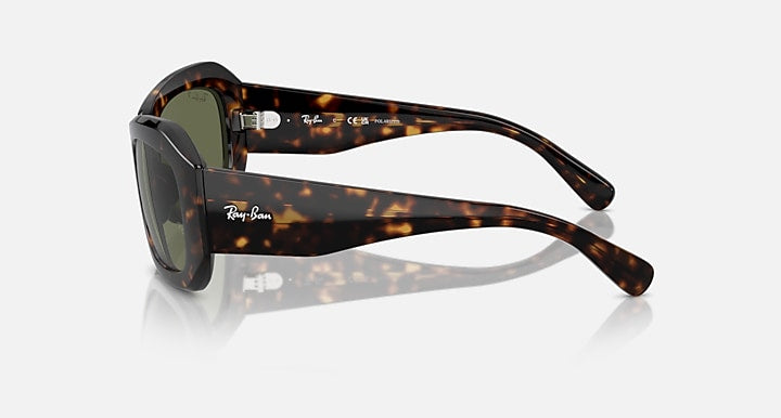 Ray-Ban Beate sunglasses, side view with tortoise arms and green lenses
