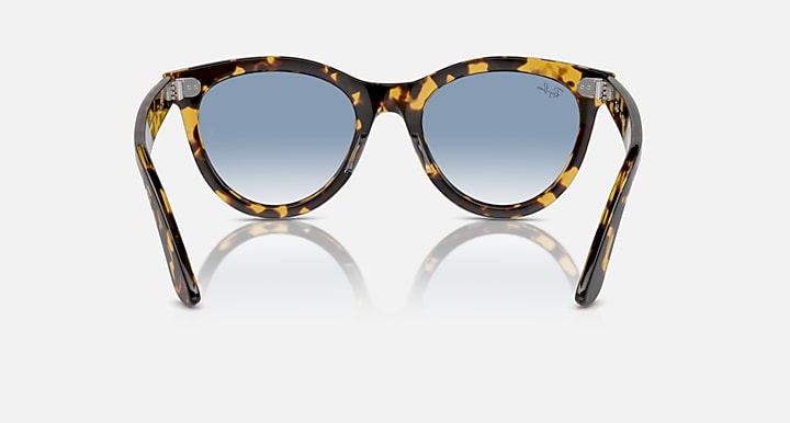 Wayfarer-style sunglasses with tortoiseshell frame and blue-tinted lenses, straight-on