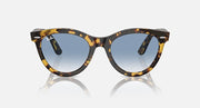 Wayfarer-style sunglasses with tortoiseshell frame and blue-tinted lenses, front view