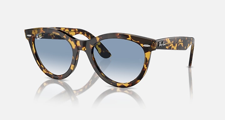 Ray-Ban Wayfarer-style sunglasses with tortoiseshell frame and blue-tinted lenses