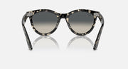 Wayfarer-style sunglasses with light tortoiseshell frame and gray lenses, front view