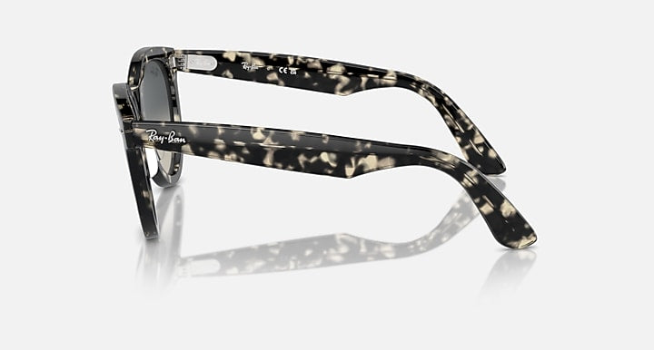 Wayfarer-style sunglasses with dark tortoiseshell frame and gray lenses, side profile