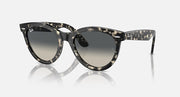 Wayfarer-style sunglasses with dark tortoiseshell frame and gray lenses, side view