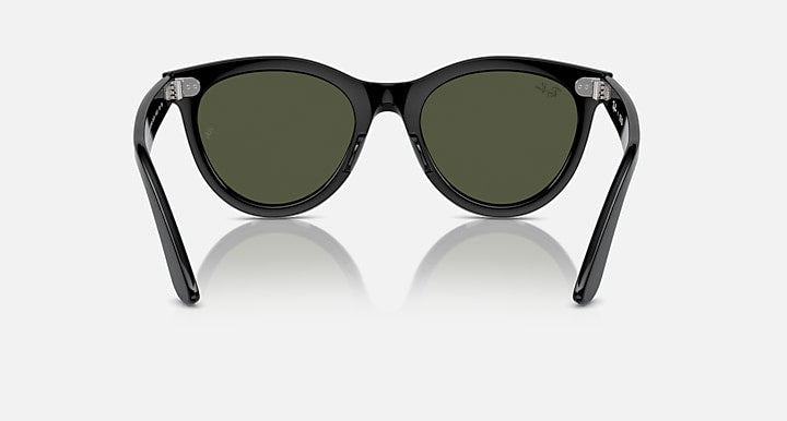 Wayfarer sunglasses with dark frame and olive green lenses, front view