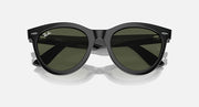 Wayfarer sunglasses with black frame and dark green mirrored lenses, front view