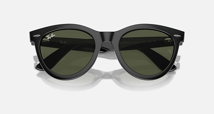 Wayfarer sunglasses with black frame and dark green mirrored lenses, front view