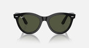 Wayfarer sunglasses with black frame and green tinted lenses, front close