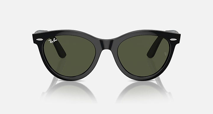 Wayfarer sunglasses with black frame and green tinted lenses, front close