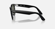 Wayfarer sunglasses with black frame, side profile and dark green lenses