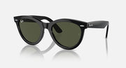 Wayfarer sunglasses with black frame and dark green lenses, front view