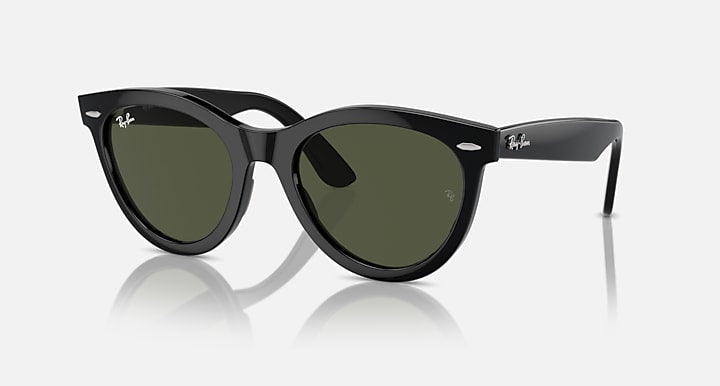 Wayfarer sunglasses with black frame and dark green lenses, front view