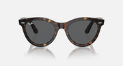Ray-Ban Wayfarer tortoise sunglasses, straight-on view with dark gray lenses