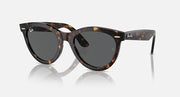 Ray-Ban Wayfarer tortoise sunglasses with dark gray lenses, side angle
