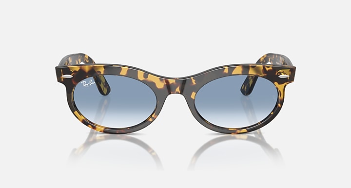 Ray-Ban Wayfarer oval sunglasses, tortoise-pattern frame with blue-tinted lens front view
