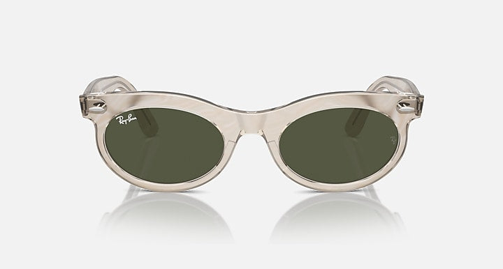 Ray-Ban Wayfarer oval sunglasses with clear beige frame and dark green lenses