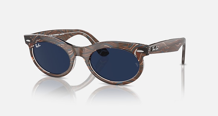 Wayfarer sunglasses with havana frame and dark blue lenses, low bridge fit