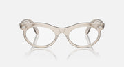 Wayfarer sunglasses with light gray translucent frame and clear lenses, low bridge fit