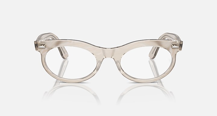 Wayfarer sunglasses with light gray translucent frame and clear lenses, low bridge fit