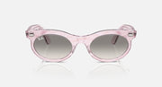 Wayfarer sunglasses with pink translucent frame and dark lenses, low bridge fit