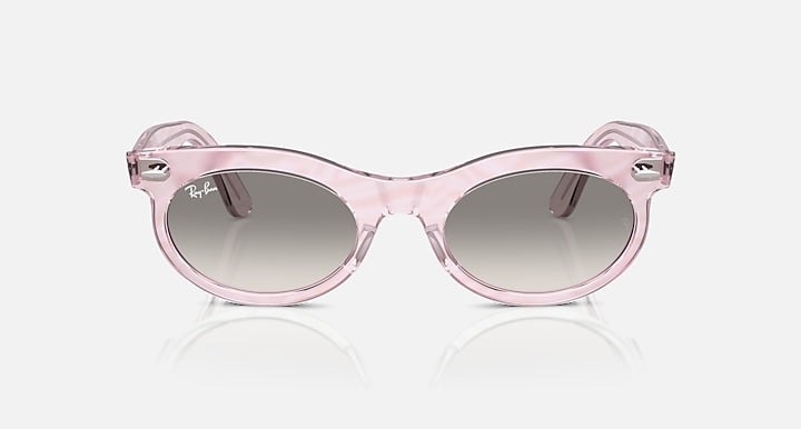 Wayfarer sunglasses with pink translucent frame and dark lenses, low bridge fit