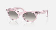 Wayfarer sunglasses with pink translucent frame and light gradient lenses, low bridge fit