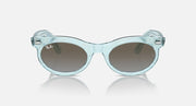 Wayfarer sunglasses with light blue frame and dark lenses, low bridge fit