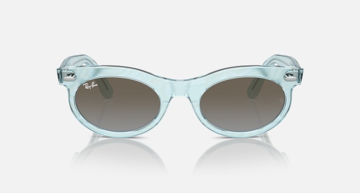 Wayfarer sunglasses with light blue frame and dark lenses, low bridge fit