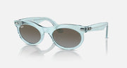 Wayfarer sunglasses with light blue frame and dark brown lenses, low bridge fit