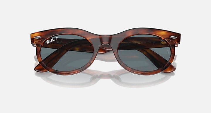 Wayfarer oval sunglasses wide front view with tortoise frame and dark gray lenses