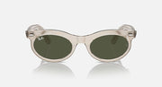 Oval sunglasses with translucent light frame and dark green lenses