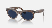 Wayfarer oval sunglasses with tortoise frame and dark blue round lenses