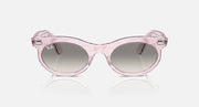 Wayfarer oval sunglasses with pink frame and dark taupe round lenses