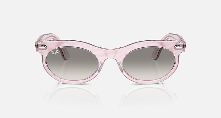 Wayfarer oval sunglasses with pink frame and dark taupe round lenses
