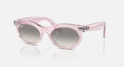 Wayfarer oval sunglasses with pink frame and light gray round lenses