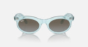 Wayfarer oval sunglasses with light blue frame and dark round lenses