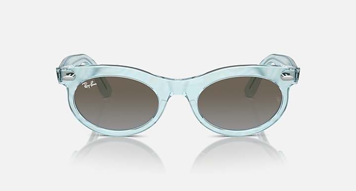 Wayfarer oval sunglasses with light blue frame and dark round lenses