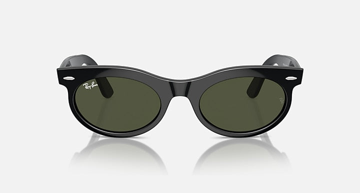 Ray-Ban Wayfarer oval sunglasses, black frame, dark green lenses, front view
