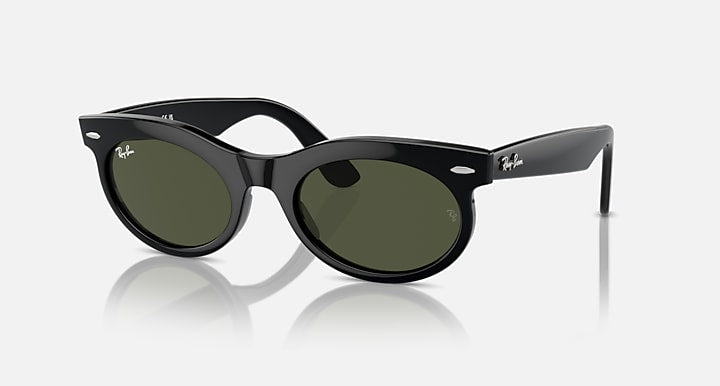 Ray-Ban Wayfarer oval sunglasses, black frame with green tinted lenses