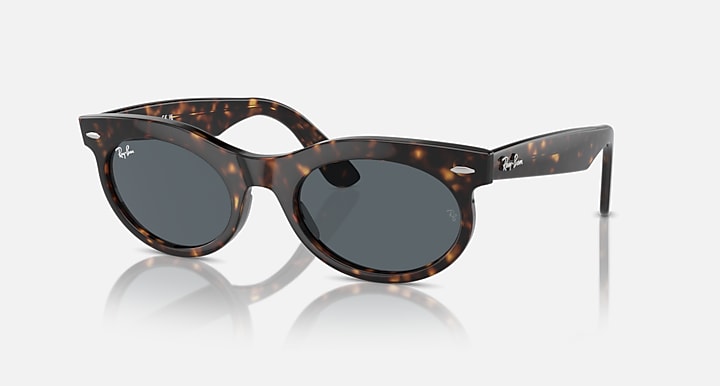 Ray-Ban tortoiseshell oval sunglasses with dark lenses and curved metal arms