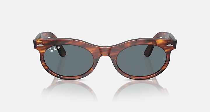 Ray-Ban tortoiseshell oval sunglasses, front view with dark lenses and temples