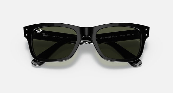 Ray-Ban Mr Burbank RB2283 sunglasses, black frame with dark green lenses, angled top view