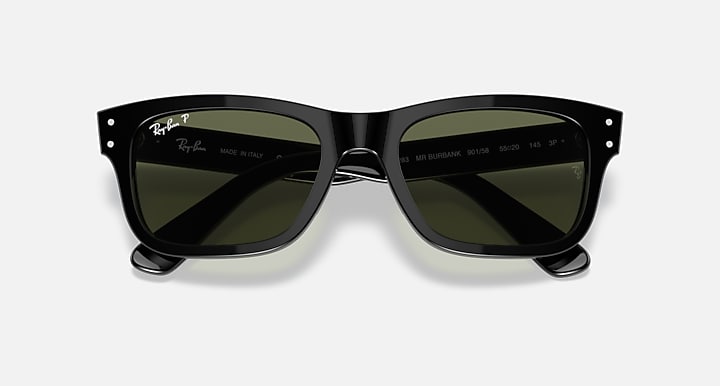 Ray-Ban Mr Burbank RB2283 sunglasses, close front with green lenses and black frame