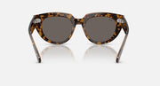 Tortoiseshell cat-eye sunglasses with dark gray lenses and thin metal arms