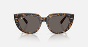 Tortoiseshell cat-eye sunglasses with dark gray lenses, slim frame