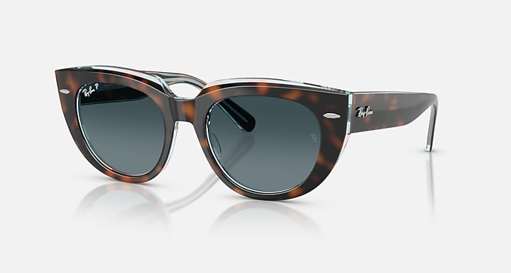 Cat-eye sunglasses with dark tortoiseshell frames and dark gray lenses, metal arms