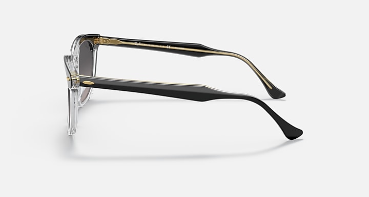 Ray-Ban sunglasses with transparent frame and dark temples, side profile