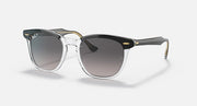 Ray-Ban sunglasses with clear/transparent frame and dark gray lenses, full-rim style