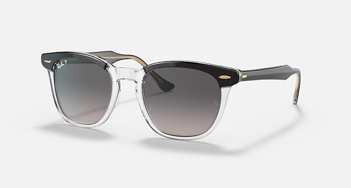 Ray-Ban sunglasses with clear/transparent frame and dark gray lenses, full-rim style