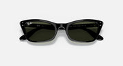 Ray-Ban cat-eye sunglasses with black frame and dark green lenses, overhead front view